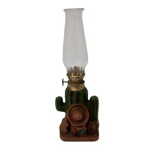 Vintage Ceramic Glass Mexican Siesta Oil Lamp Cactus Base Sleepy In Sombrero